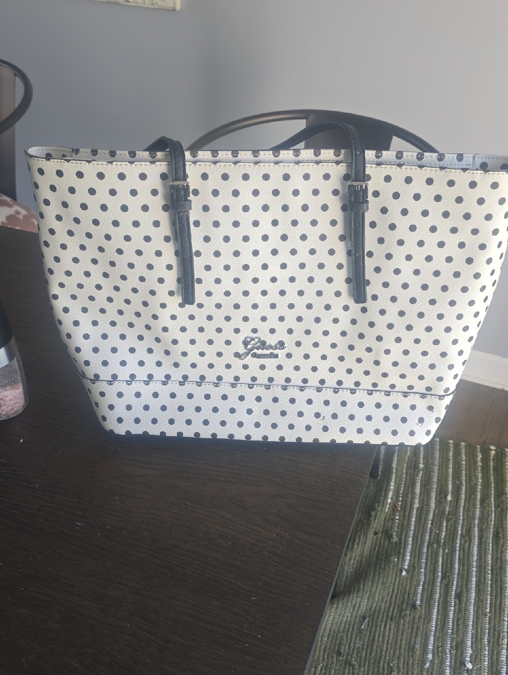 Guess White Polka Dot Tote with Black Handles